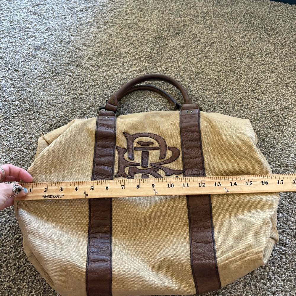 Vintage Rugby Ralph Lauren Khaki Canvas & Leather Small Duffle Tote Bag Monogram - Picture 14 of 16